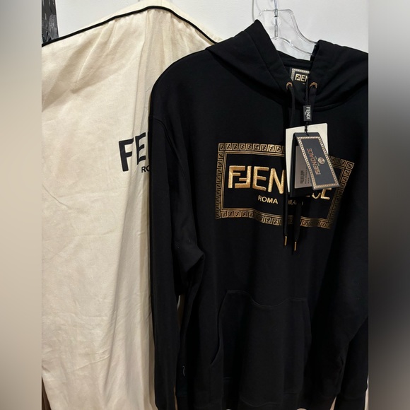 Fendi x Versace Collab NEW Black Hooded Pullover Sweatshirt & Garment Bag Mens L